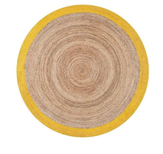 Ripaz Vogue - Rug Round in Jute Hand Braided Rustic Look Rug Beige with Yellow Border