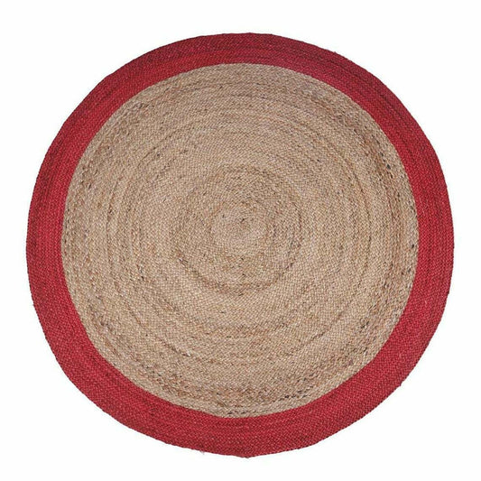 Ripaz Vogue - Rug Round in Jute Hand Braided Rustic Look Rug Beige with Red Border