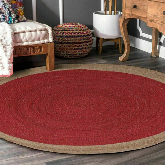 Ripaz Vogue - Rug Round in Jute Hand Braided Rustic Look Area Rug Red with Beige Border