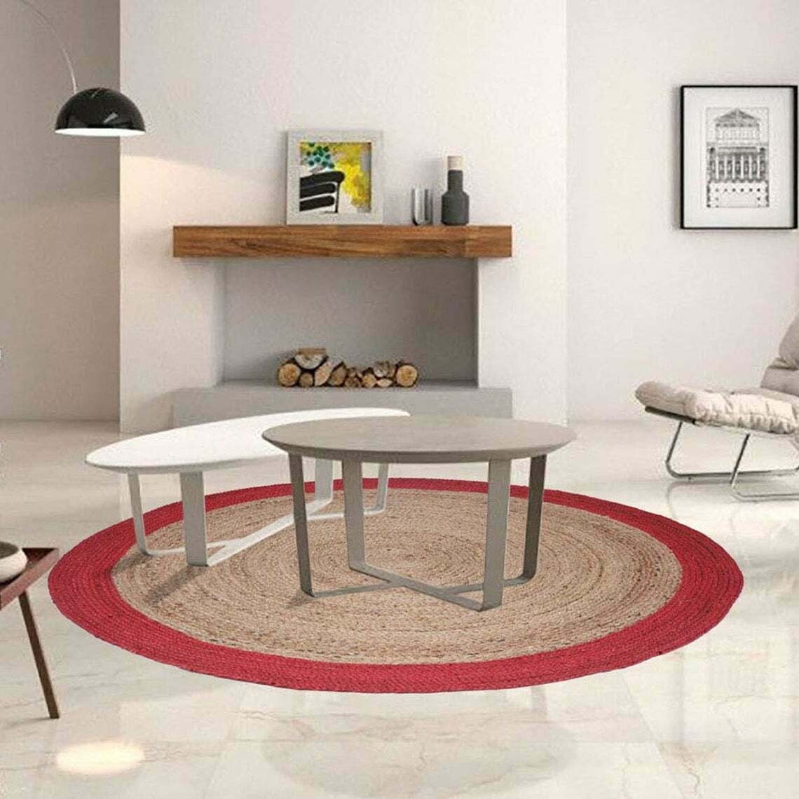 Ripaz Vogue - Rug Round in Jute Hand Braided Rustic Look Rug Beige with Red Border