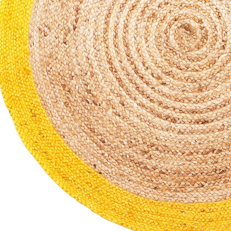 Ripaz Vogue - Rug Round in Jute Hand Braided Rustic Look Area Rug Beige with Yellow Border