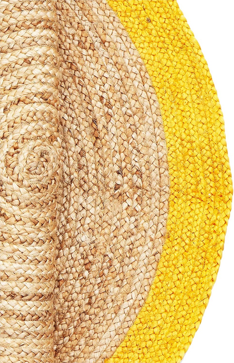 Ripaz Vogue - Rug Round in Jute Hand Braided Rustic Look Area Rug Beige with Yellow Border