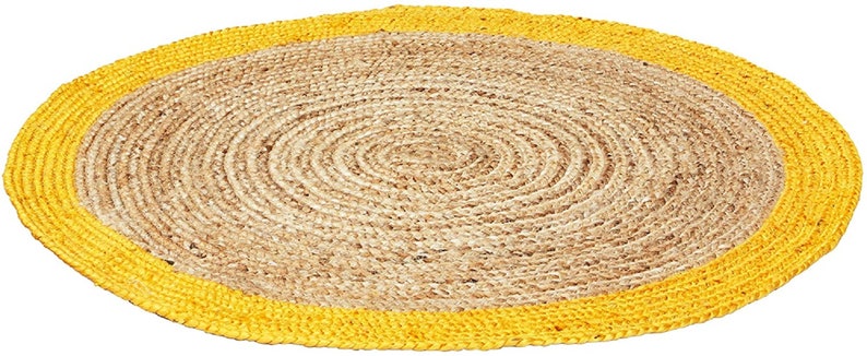 Ripaz Vogue - Rug Round in Jute Hand Braided Rustic Look Area Rug Beige with Yellow Border