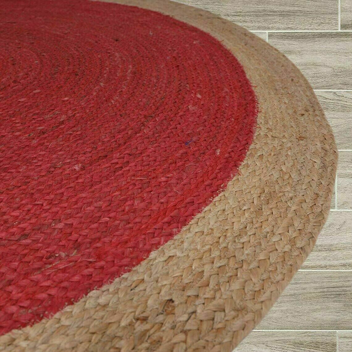 Ripaz Vogue - Rug Round in Jute Hand Braided Rustic Look Area Rug Red with Beige Border