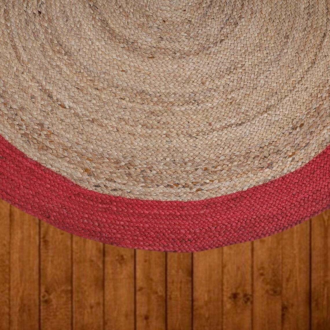 Ripaz Vogue - Rug Round in Jute Hand Braided Rustic Look Rug Beige with Red Border