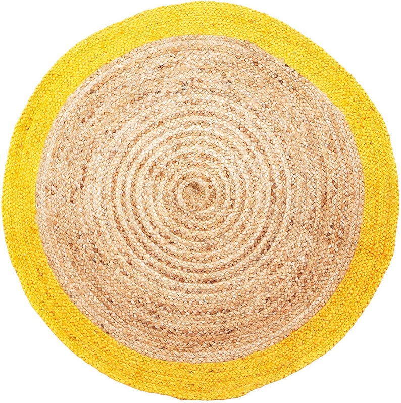 Ripaz Vogue - Rug Round in Jute Hand Braided Rustic Look Area Rug Beige with Yellow Border