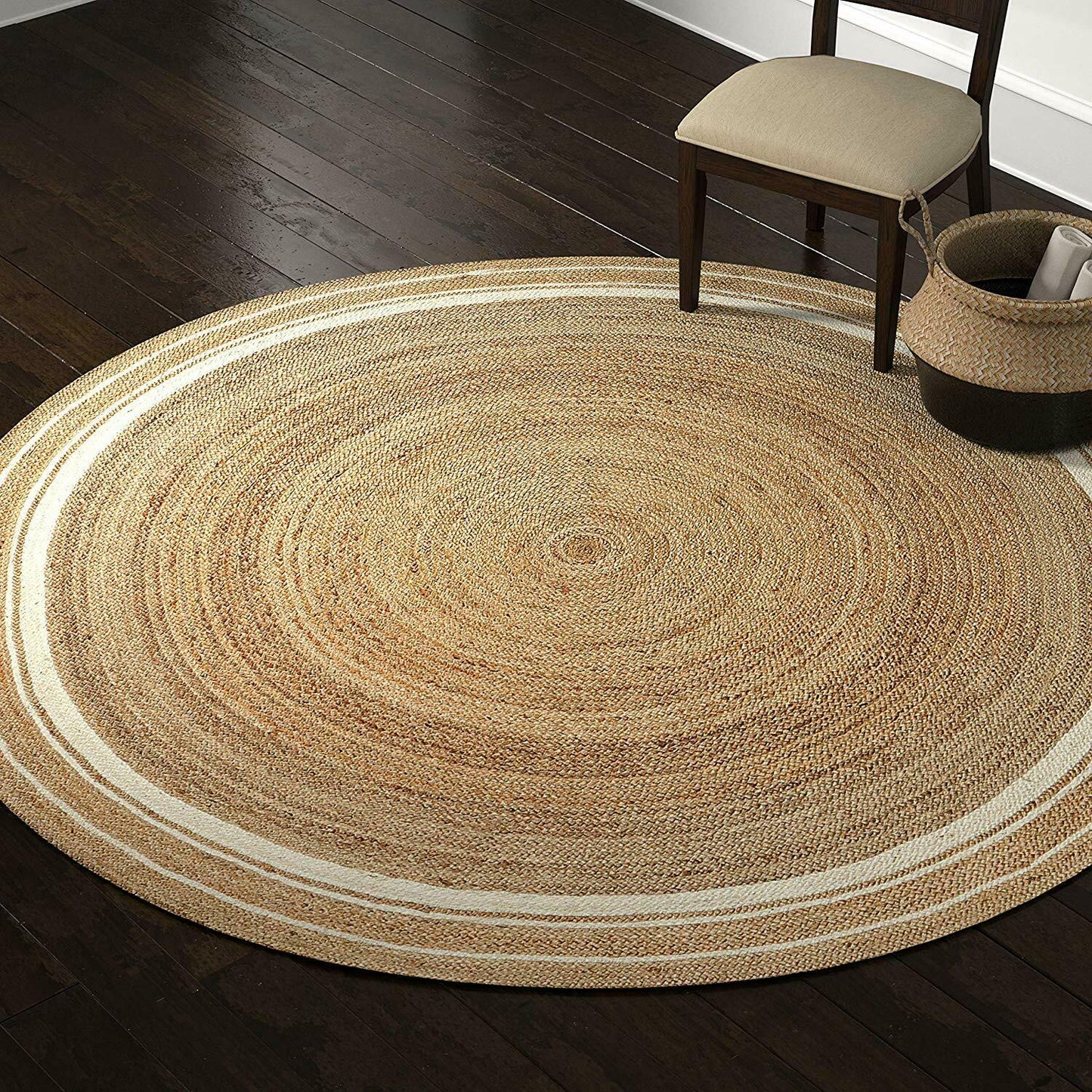 Ripaz Vogue - Jute Rug Round Braided Natural Jute Color Beige & White Cotton