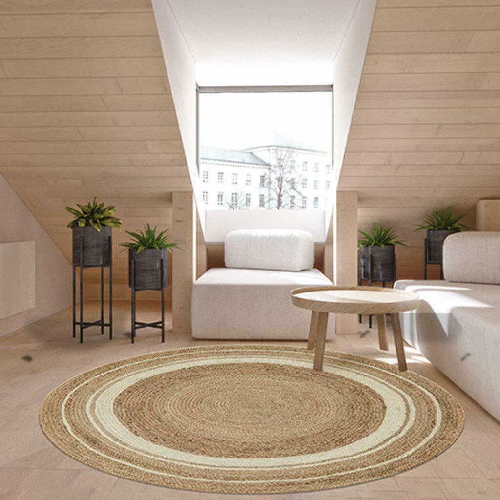 Ripaz Vogue - Jute Rug Round Braided Natural Jute Color Beige & White Cotton