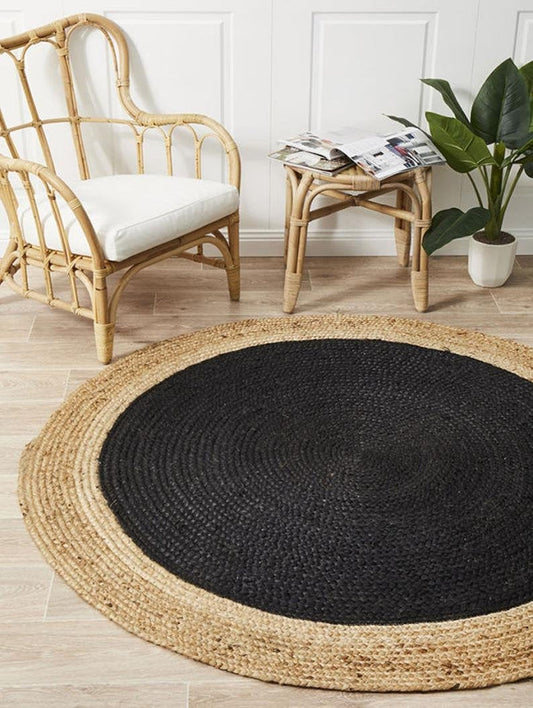 Ripaz Vogue - Area Rug Round in Jute Black with Beige Border Handmade Rug