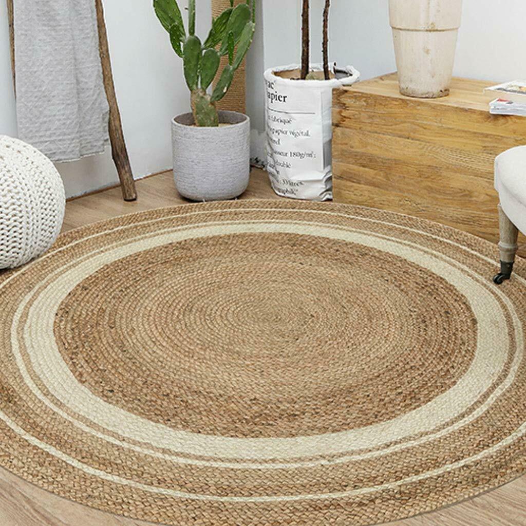 Ripaz Vogue - Jute Rug Round Braided Natural Jute Color Beige & White Cotton