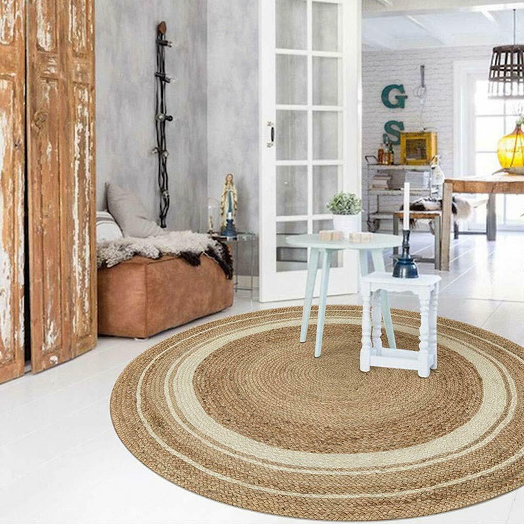 Ripaz Vogue - Jute Rug Round Braided Natural Jute Color Beige & White Cotton