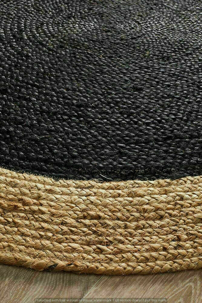 Ripaz Vogue - Area Rug Round in Jute Black with Beige Border Handmade Rug