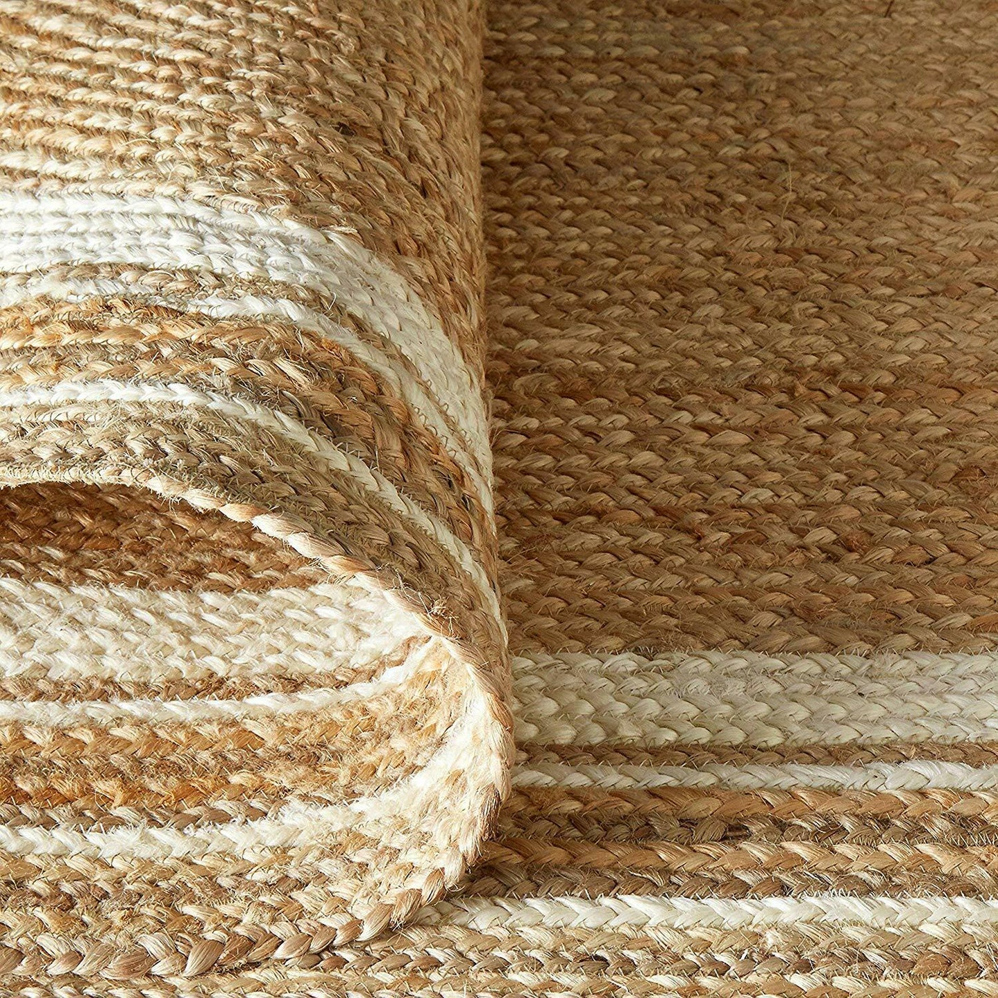 Ripaz Vogue - Jute Rug Round Braided Natural Jute Color Beige & White Cotton