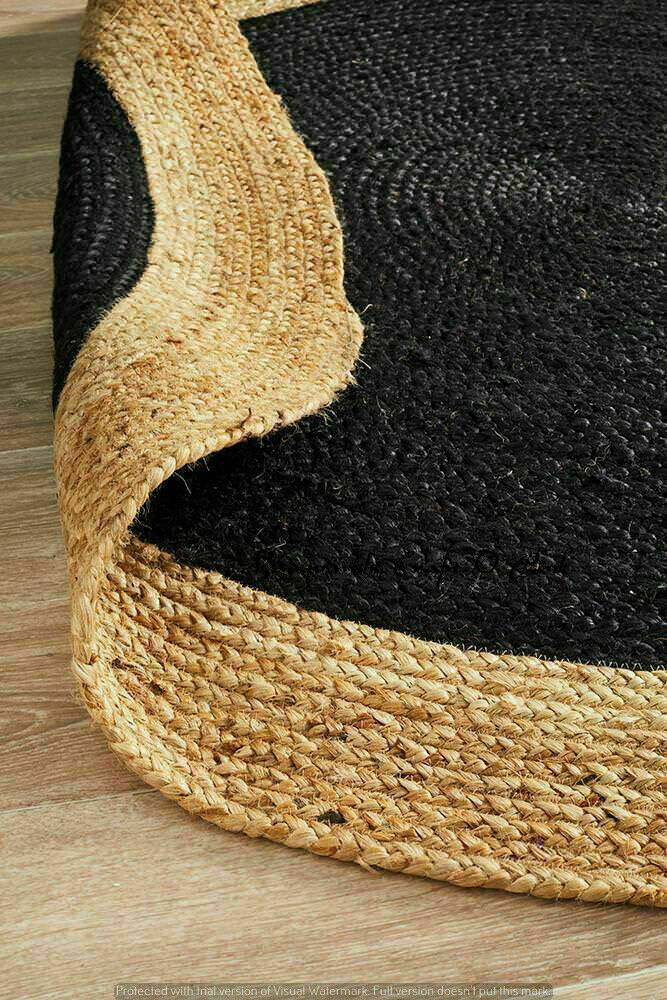 Ripaz Vogue - Area Rug Round in Jute Black with Beige Border Handmade Rug