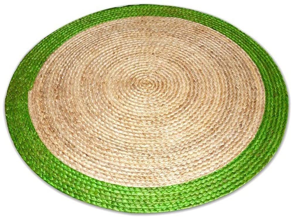 Ripaz Vogue - Rug Round in Jute Hand Braided Rustic Look Rug Beige with Green Border