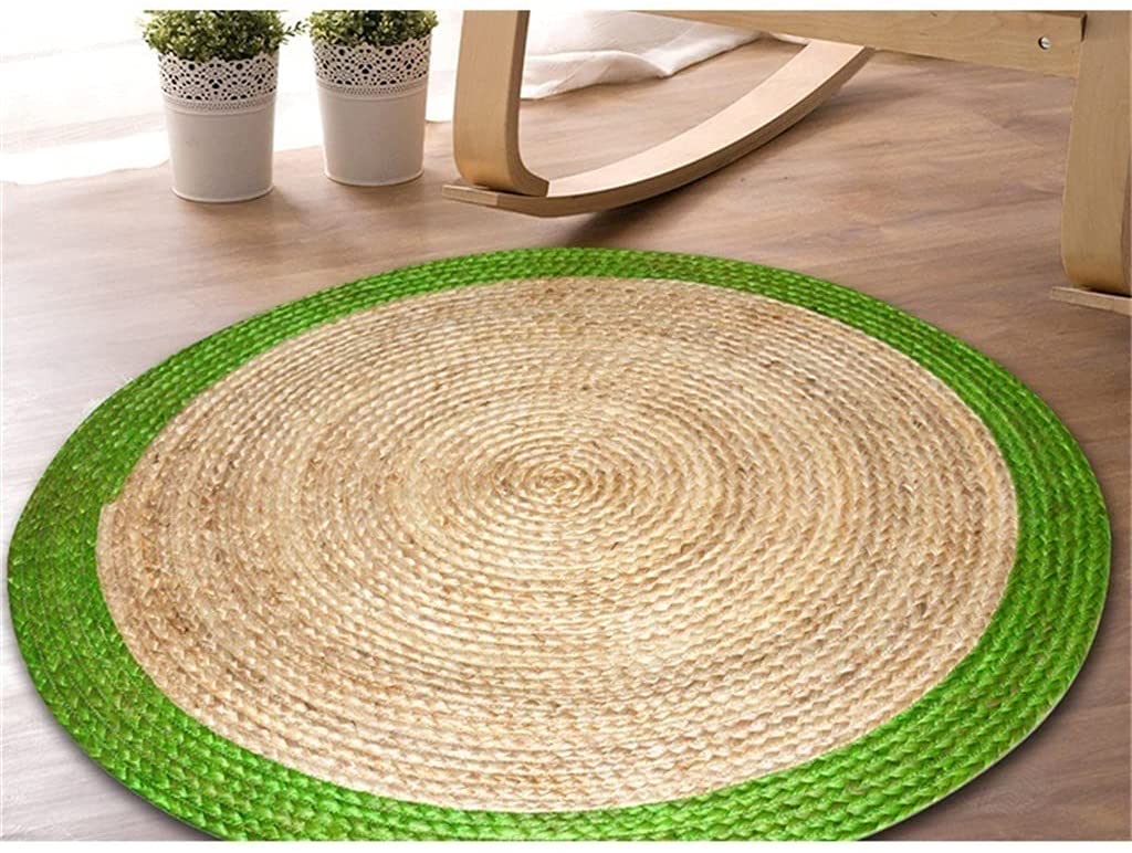 Ripaz Vogue - Rug Round in Jute Hand Braided Rustic Look Rug Beige with Green Border