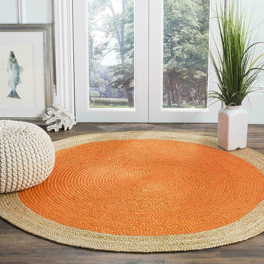 Ripaz Vogue - Rug Round in Jute Hand Braided Rustic Look Rug Orange with Beige Border