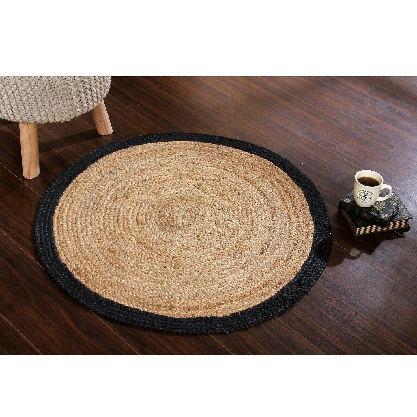 Ripaz Vogue - Rug Round in Jute Hand Braided Rustic Look Area Rug Beige with Black Border