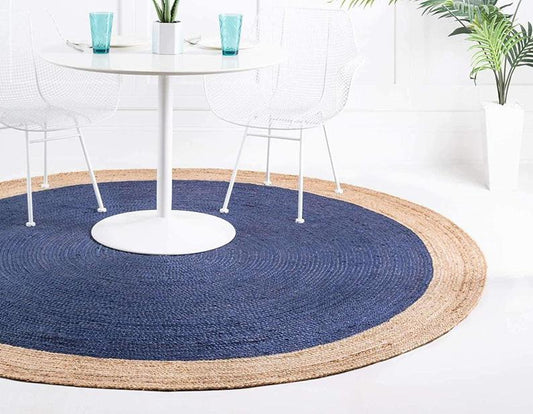 Ripaz Vogue - Jute Area Rug Round Hand Braided Farmhouse Jute Door Mat Blue with Beige Border