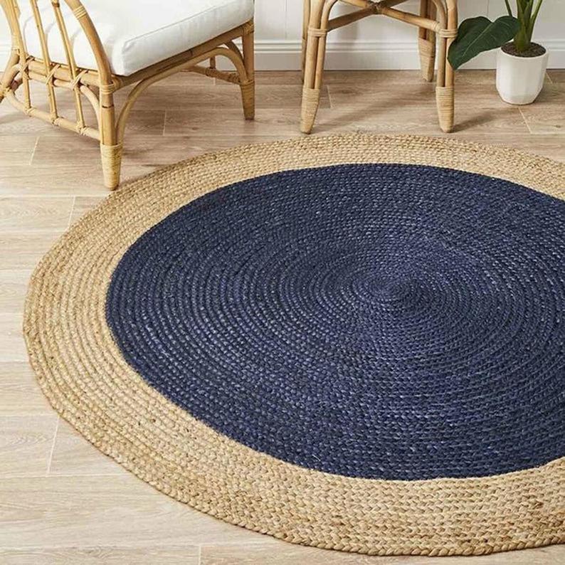 Ripaz Vogue - Jute Area Rug Round Hand Braided Farmhouse Jute Door Mat Blue with Beige Border