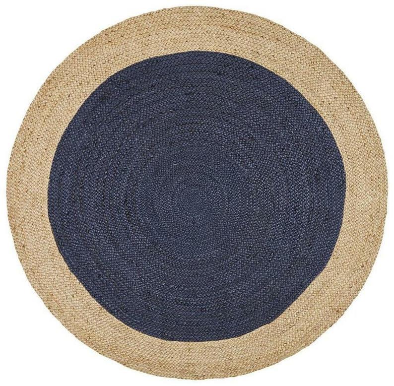 Ripaz Vogue - Jute Area Rug Round Hand Braided Farmhouse Jute Door Mat Blue with Beige Border