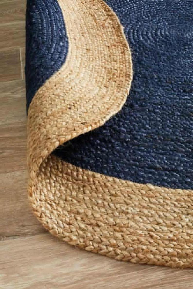 Ripaz Vogue - Jute Area Rug Round Hand Braided Farmhouse Jute Door Mat Blue with Beige Border