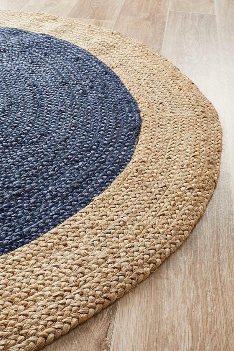 Ripaz Vogue - Jute Area Rug Round Hand Braided Farmhouse Jute Door Mat Blue with Beige Border