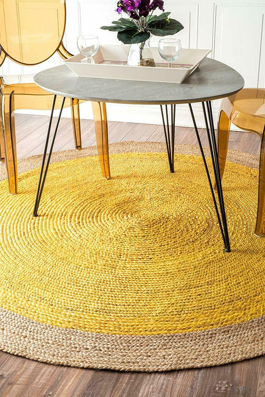 Ripaz Vogue - Rug Round in Jute Hand Braided Rustic Look Rug Yellow with Beige Border