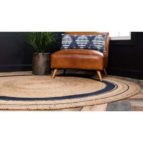 Ripaz Jute Rug Natural with Black Border Hand Woven Round Rug, Natural