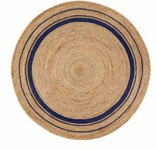 Ripaz Vogue - Rug Round in Jute Hand Braided Rustic Look Area Rug Beige with Blue Border