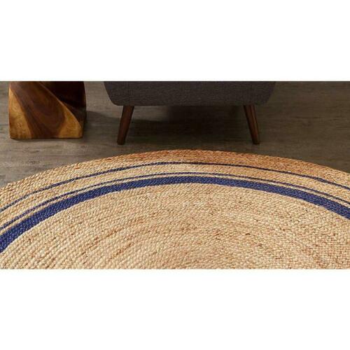 Ripaz Vogue - Rug Round in Jute Hand Braided Rustic Look Area Rug Beige with Blue Border