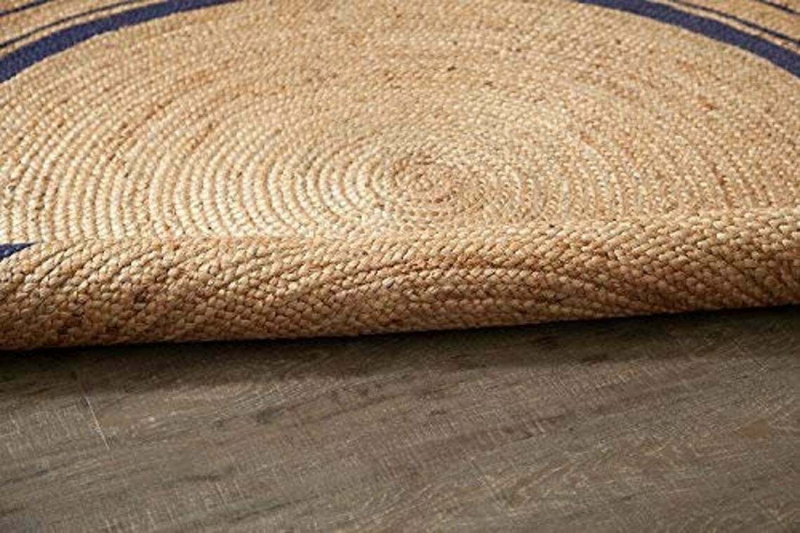 Ripaz Vogue - Rug Round in Jute Hand Braided Rustic Look Area Rug Beige with Blue Border