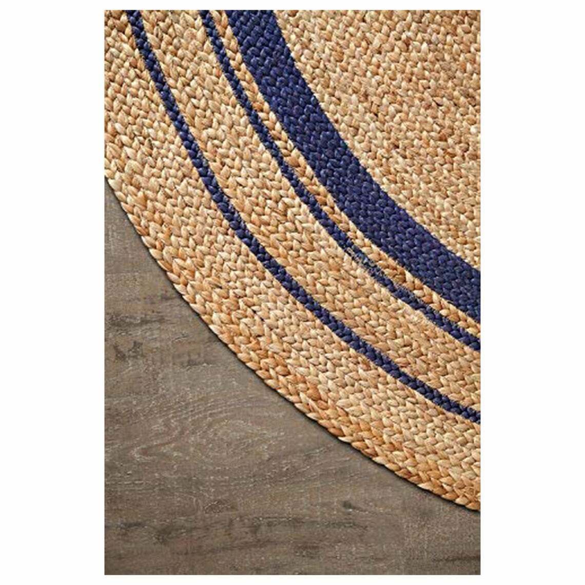 Ripaz Vogue - Rug Round in Jute Hand Braided Rustic Look Area Rug Beige with Blue Border