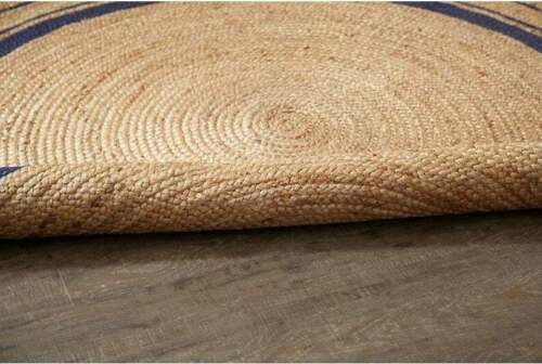 Ripaz Vogue - Rug Round in Jute Hand Braided Rustic Look Area Rug Beige with Blue Border