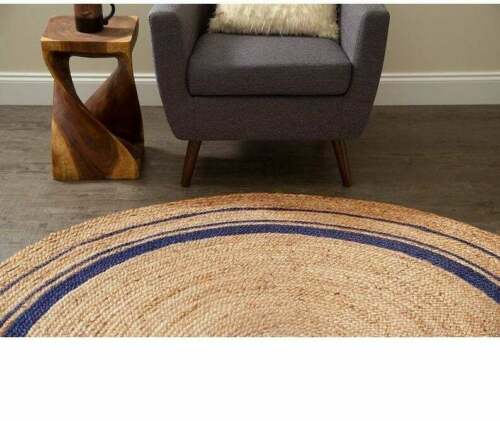 Ripaz Vogue - Rug Round in Jute Hand Braided Rustic Look Area Rug Beige with Blue Border