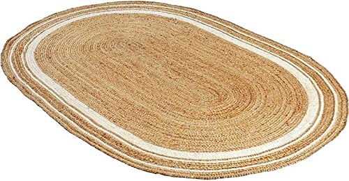 Ripaz Vogue Jute Rug Natural Jute Hand Braided Oval Shape Area Rug Hallway Rug Living Room Rug, Color - Beige + White Line