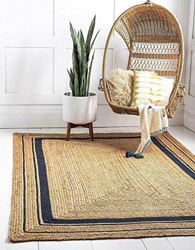 Ripaz Vogue - Rug Round in Jute Hand Braided Rustic Look Area Rug Beige with Black Line Border