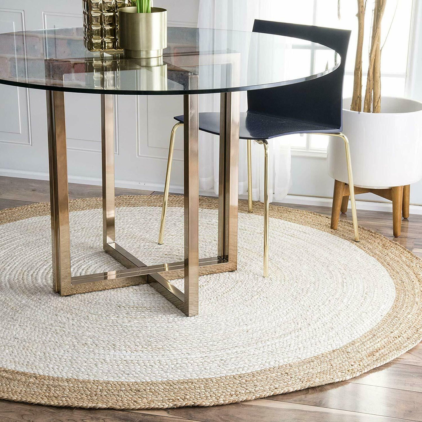 Ripaz Vogue - Rug Round in Jute Hand Braided Rustic Look Rug White with Beige Border