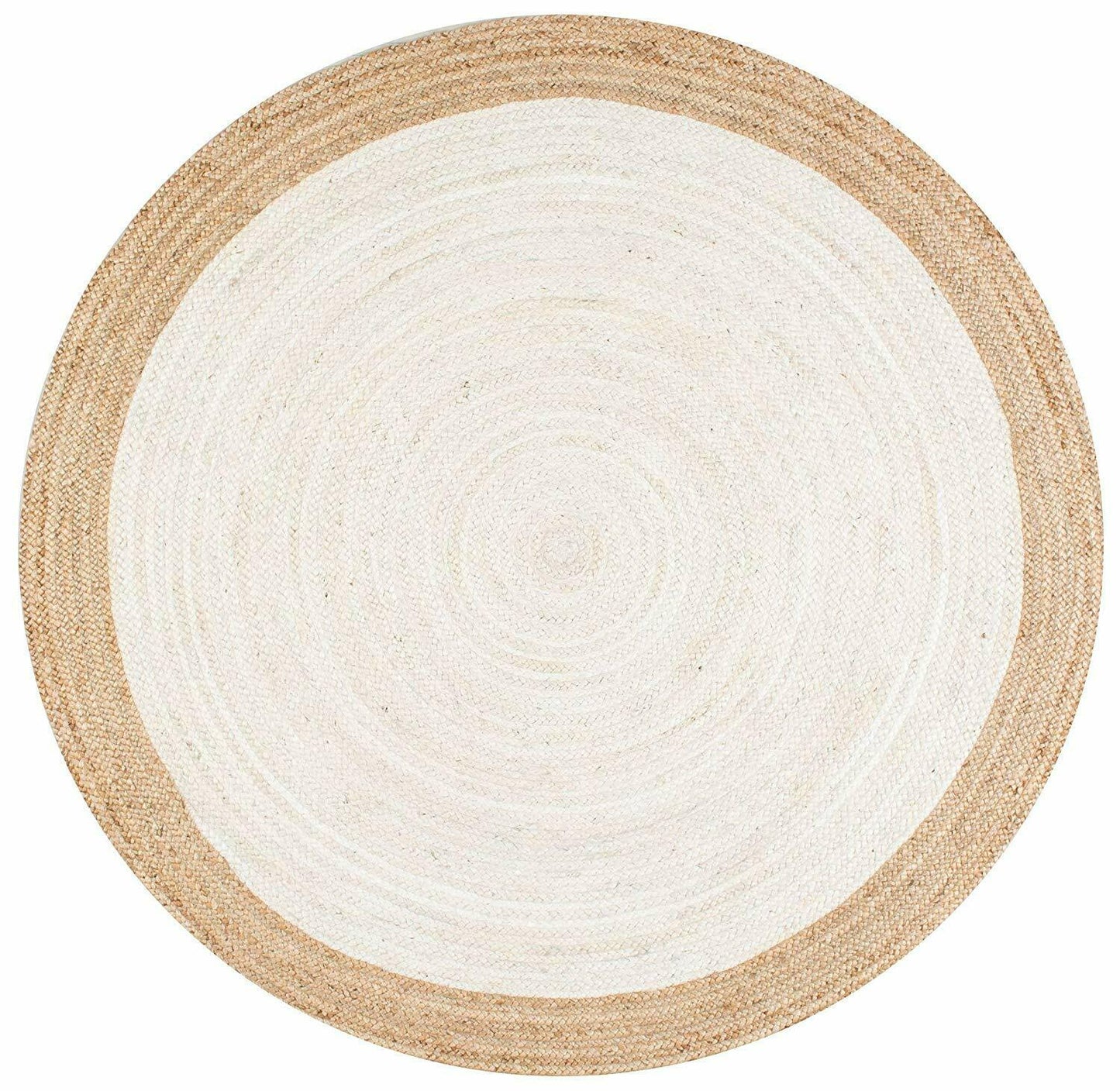 Ripaz Vogue - Rug Round in Jute Hand Braided Rustic Look Rug White with Beige Border