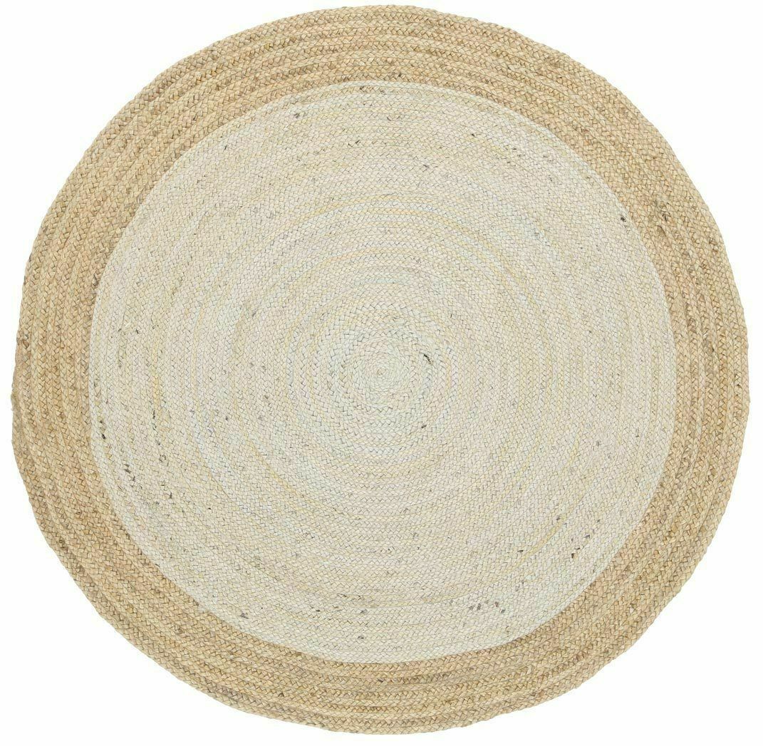 Ripaz Vogue - Rug Round in Jute Hand Braided Rustic Look Rug White with Beige Border