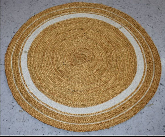 Ripaz Vogue - Jute Area Rug Round Hand Braided Farmhouse Jute Door Mat Beige with White Line Border