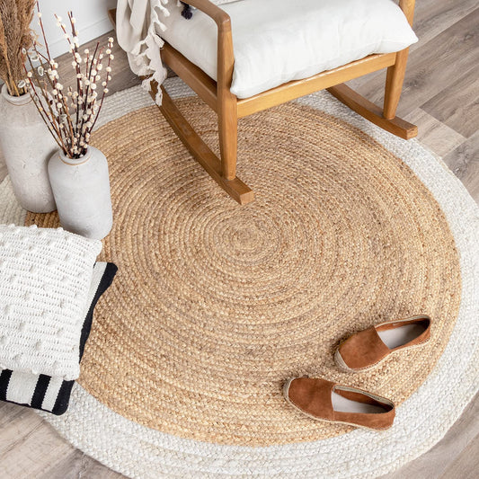 Ripaz Vogue - Rug Round in Jute Hand Braided Rustic Look Rug Beige with White Border