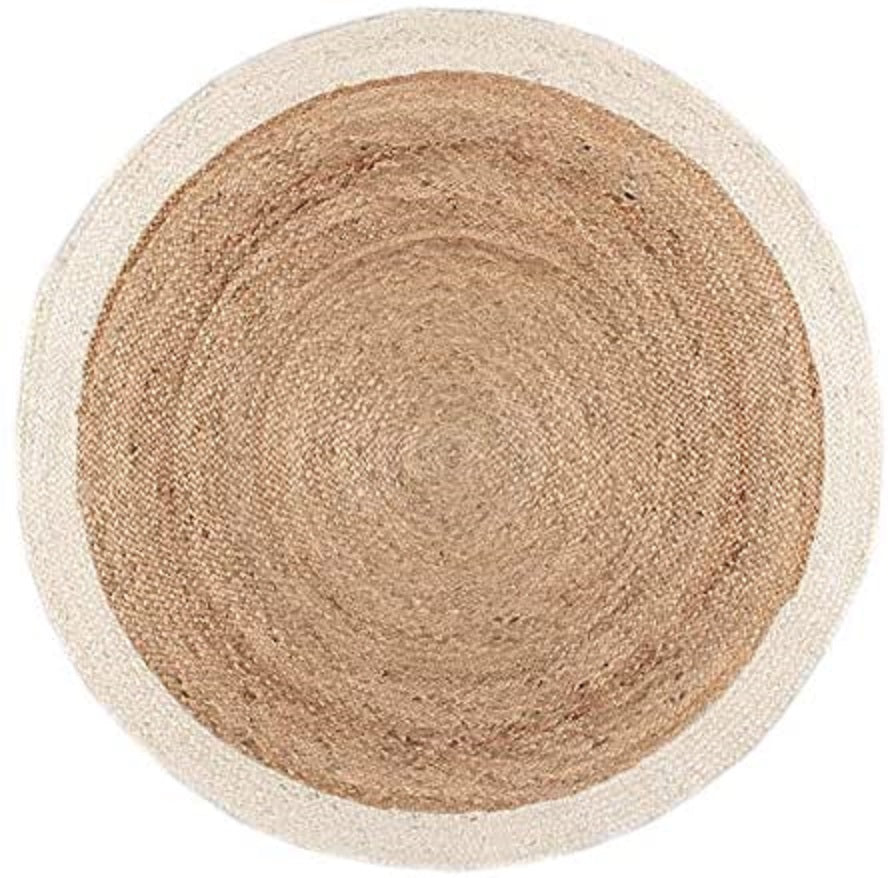 Ripaz Vogue - Rug Round in Jute Hand Braided Rustic Look Rug Beige with White Border