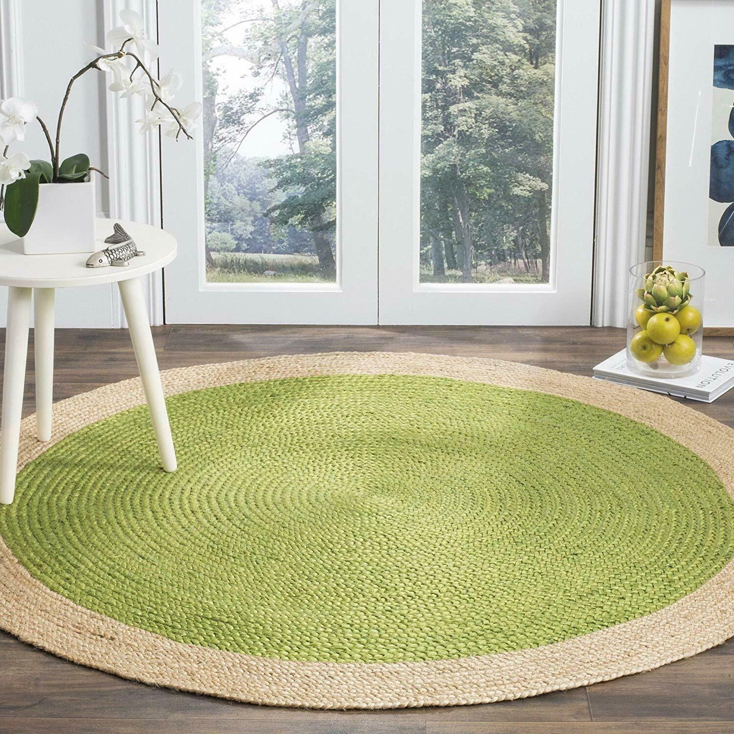 Ripaz Vogue - Jute Area Rug Round Hand Braided Farmhouse Jute Door Mat Green with Beige Border