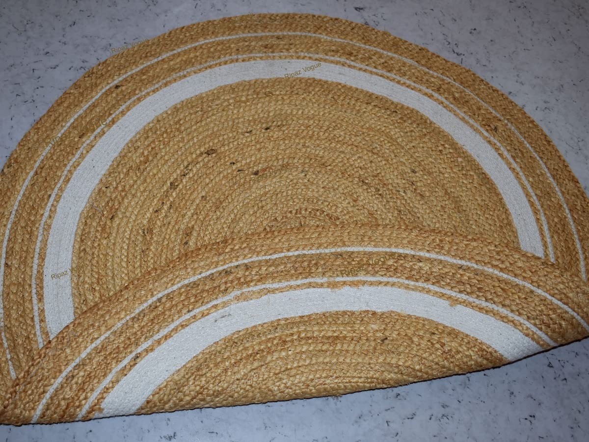 Ripaz Vogue - Jute Area Rug Round Hand Braided Farmhouse Jute Door Mat Beige with White Line Border