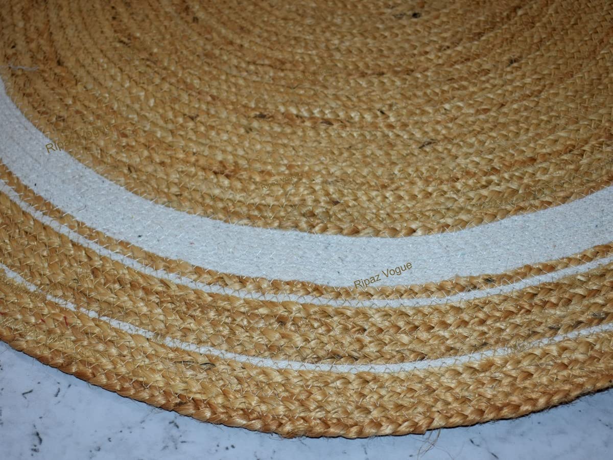 Ripaz Vogue - Jute Area Rug Round Hand Braided Farmhouse Jute Door Mat Beige with White Line Border