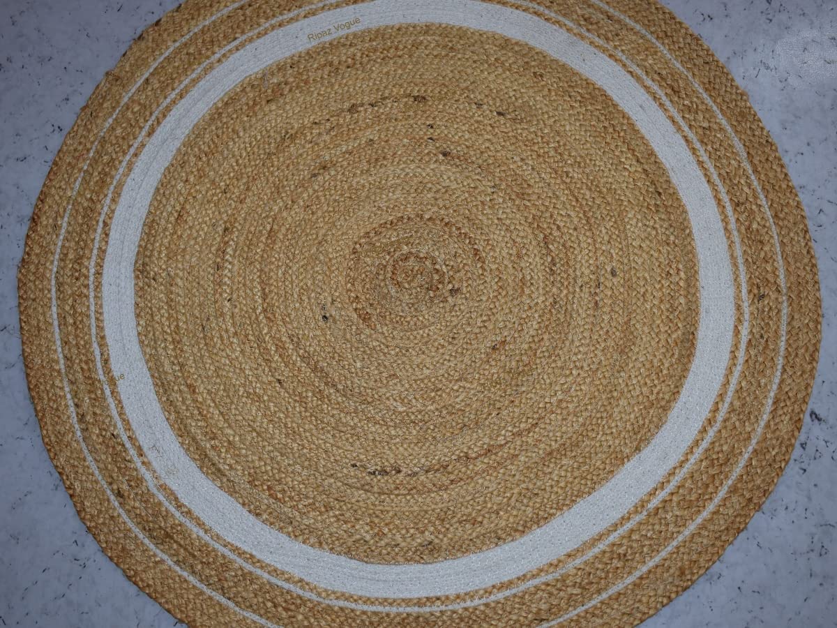 Ripaz Vogue - Jute Area Rug Round Hand Braided Farmhouse Jute Door Mat Beige with White Line Border