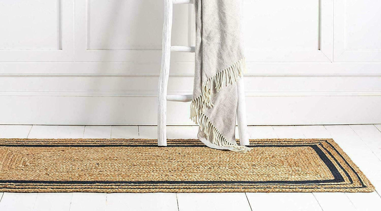 Ripaz Vogue - Rug Round in Jute Hand Braided Rustic Look Area Rug Beige with Black Line Border