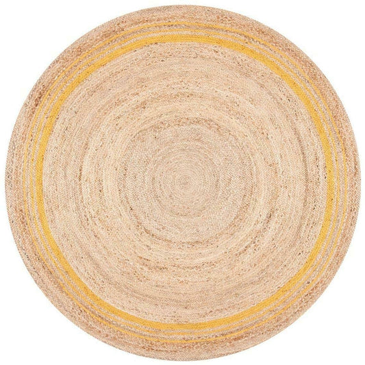 Ripaz Vogue - Rug Round in Jute Hand Braided Rustic Look Area Rug Beige with Yellow