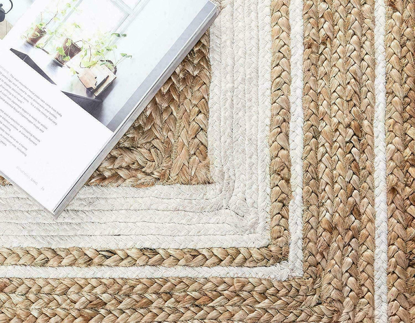 Ripaz Vogue - Jute Area Rug Round Hand Braided Farmhouse Jute Door Mat Beige with White Line Border